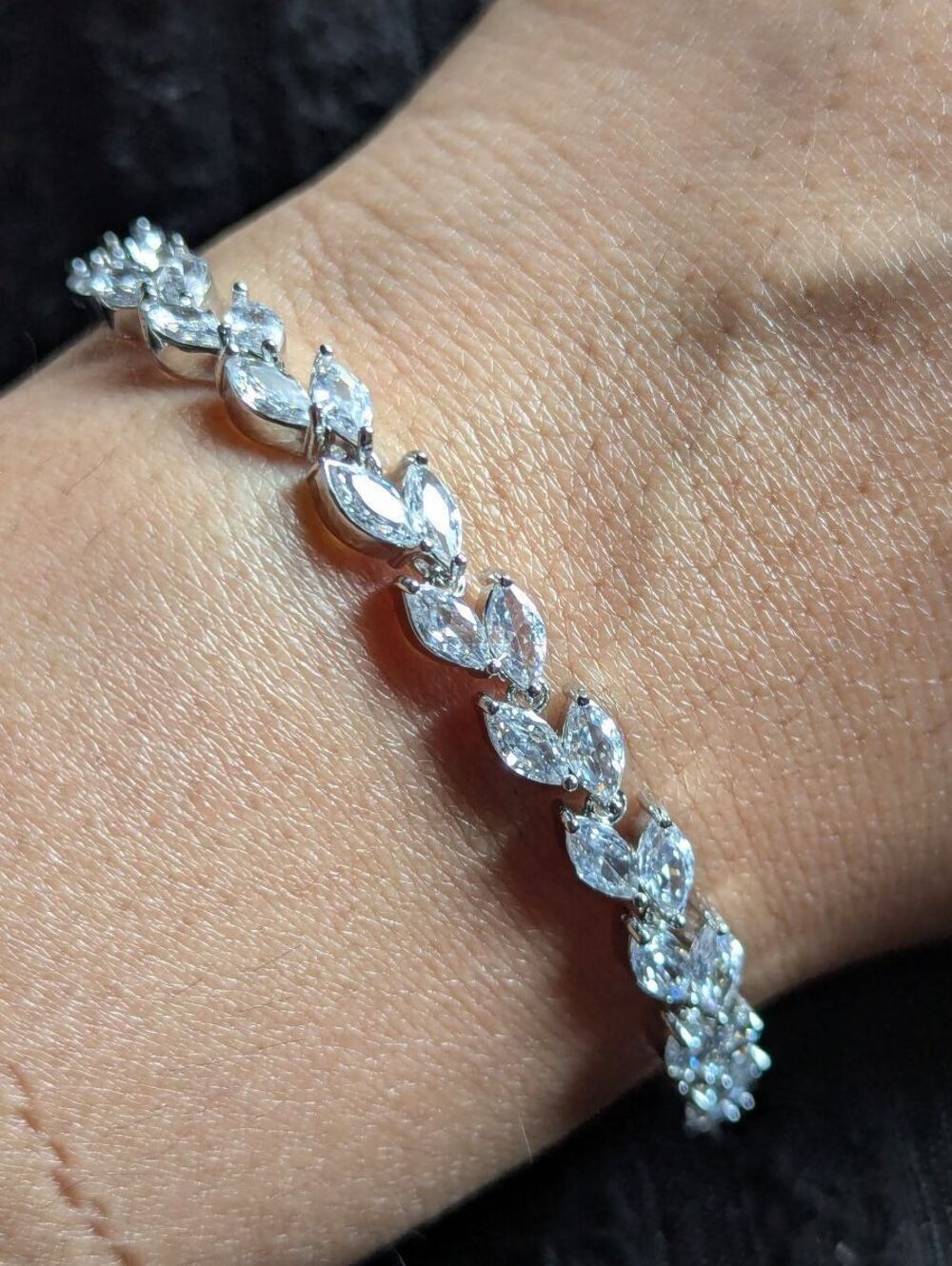 Silver Leaf Cubic Zirconia Crystal Bracelet for Women Glam Marquis Cut